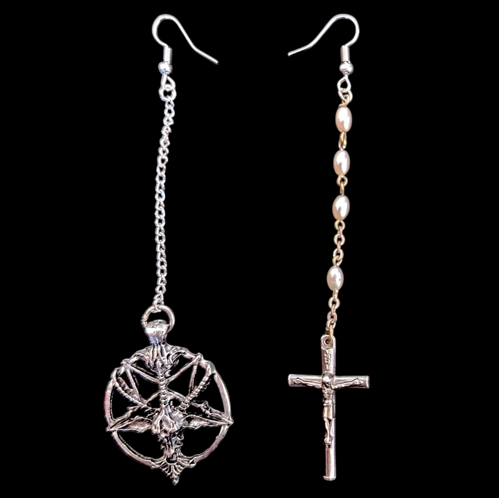 Handmade Goth Punk Dangly Pentagram and Rosarie Earrings
